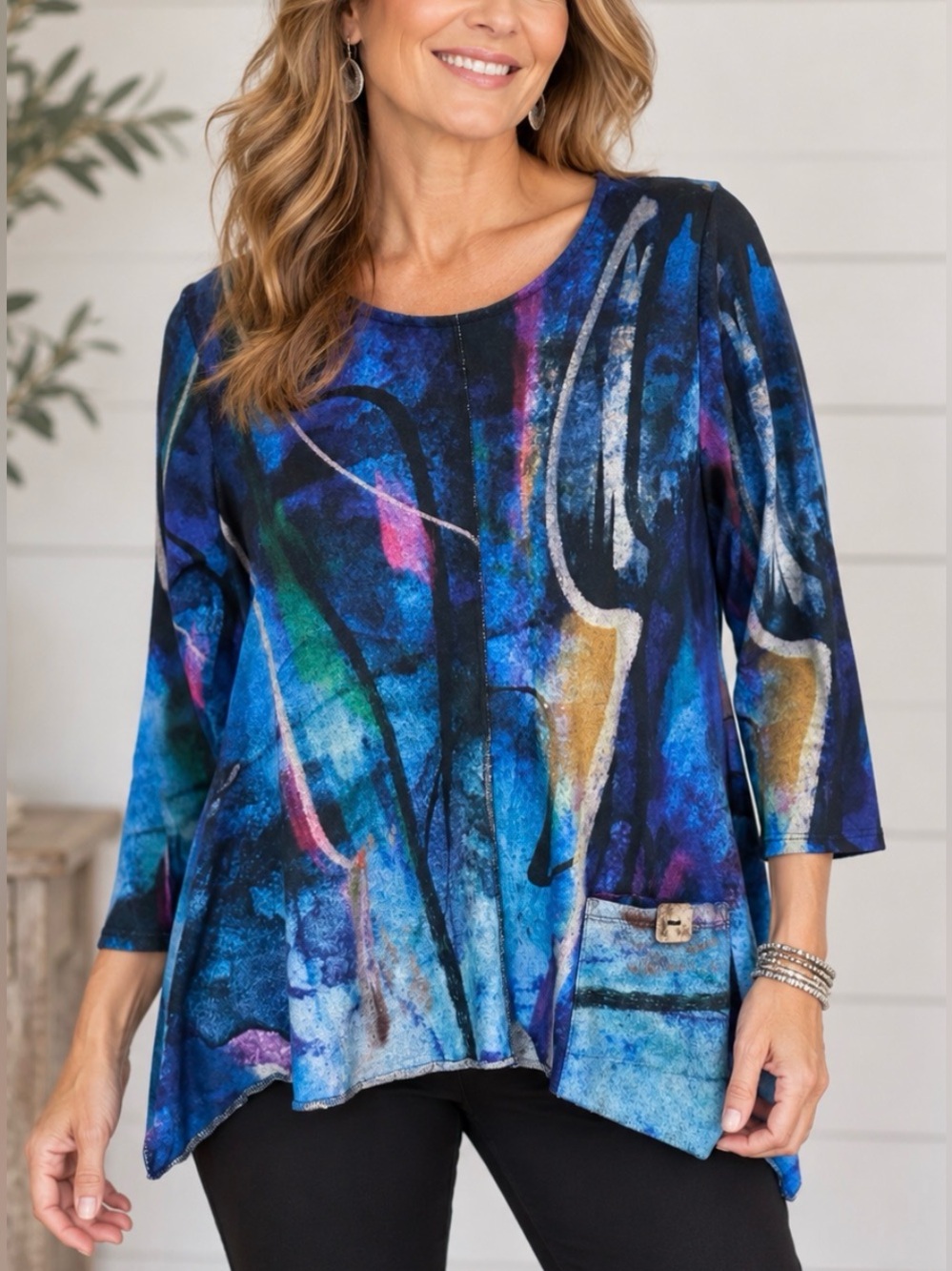 Jess & Jane Abstract Art Print Tunic Top Blue Multicolor Pocket Made USA M
